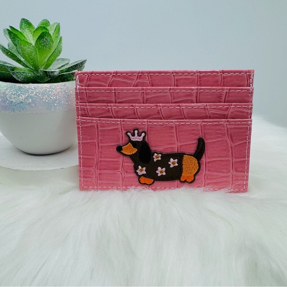 Faux Crocodile Black Embossed Glossy Small Dog Card Holder Wallet in Pink - Picture 1 of 4
